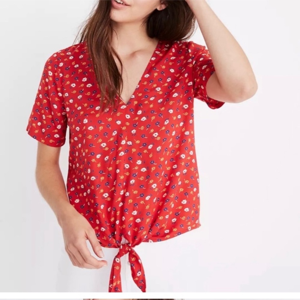 Madewell Red Floral Tie-Front V-Neck Top